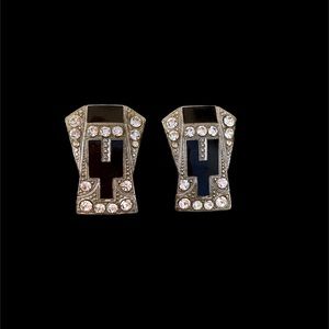 Vintage Art Deco Earrings Silver Tone With Rhinestones, Marcasite, Faux Onyx
